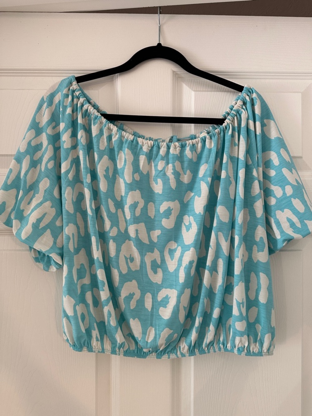 Sew In Love Aqua & White Off-Shoulder Animal Print Crop Top